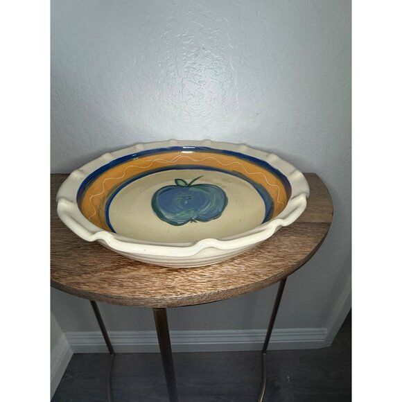 Hand-Painted Ceramic Pie Dish With Blue & Green Apple Design Orange & Blue - Picture 2 of 8